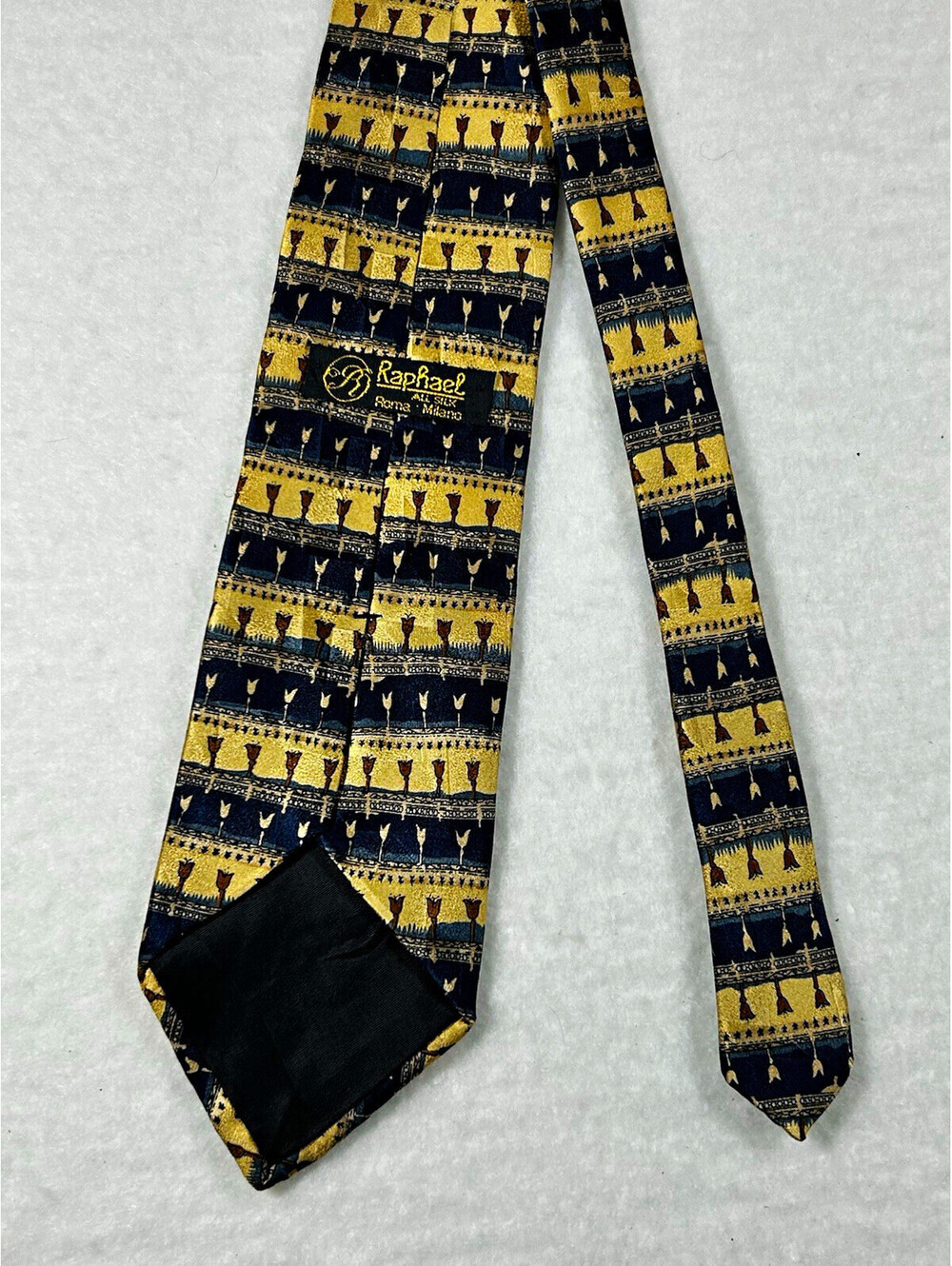 113-Raphael Men's Woven Silk Floral Tie Navy Gold Brown Classic Width Logo
